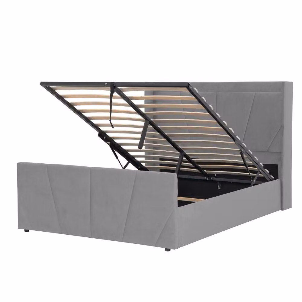 Harmin Sunshine Grey Plush Velvet Ottoman Winged Bed with Lift Up Base, W/D/H: 140 x 200 x 126.5 cm – 3
