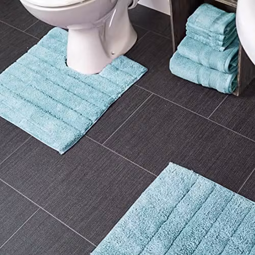 Allure Bath Fashions 2 Piece Ribbed Cotton Bath and Pedestal Mat Set in Duck Egg Blue – 2