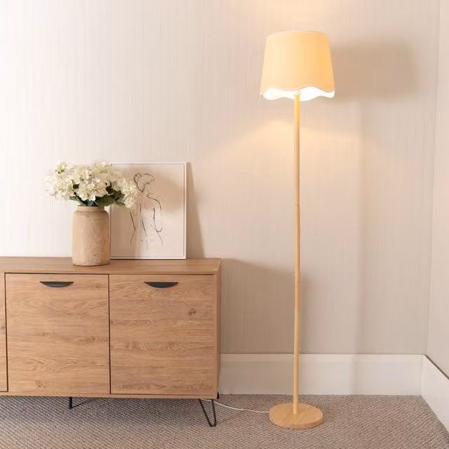 ValueLights Modern Wood Floor Lamp with White Fabric Cone Shade – 1