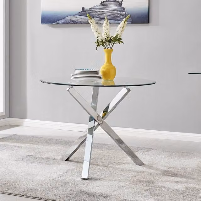 FurnitureboxUK Selina Modern Round Glass Kitchen Dining Table in Silver and Transparent with Chrome Legs