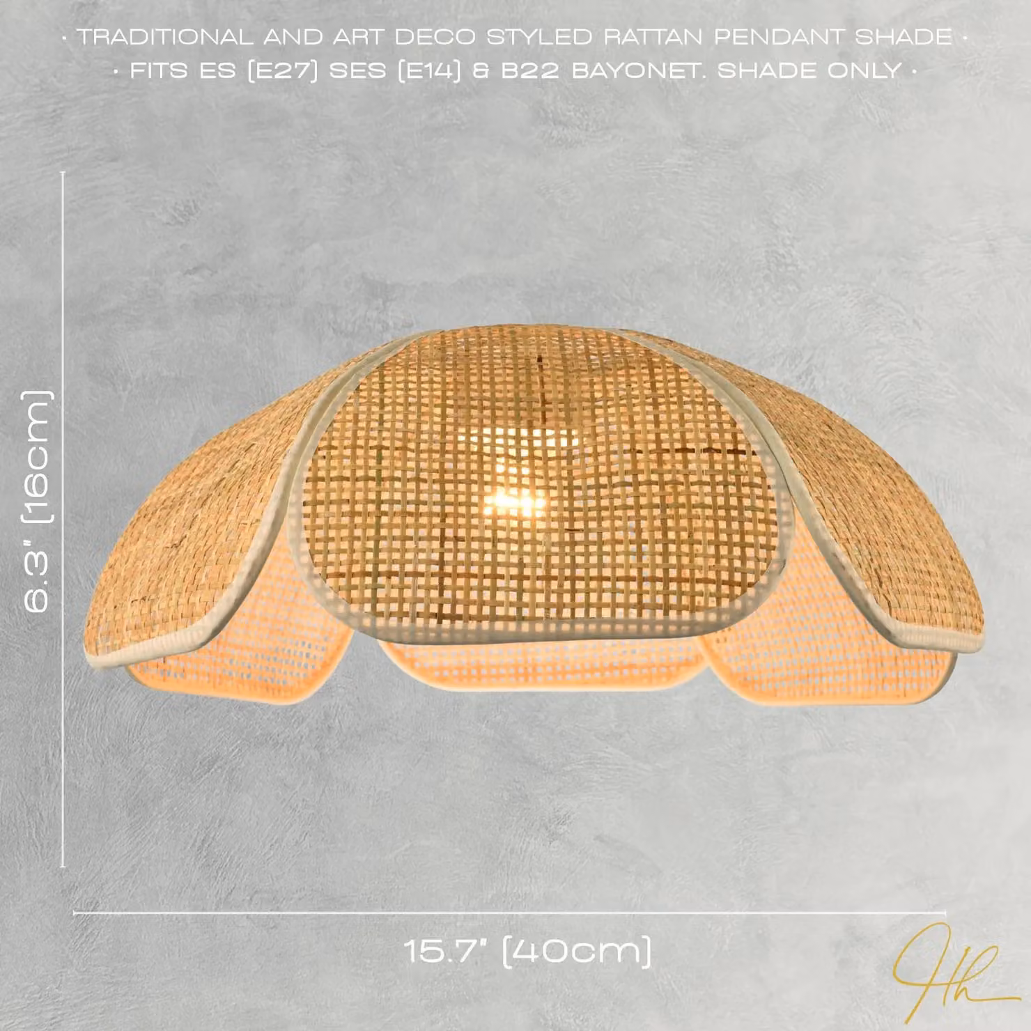 Happy Homewares Art Deco Rattan Pendant Shade in Brown with Cream Fabric Trims, W: 40 cm, D: 40 cm, H: 17 cm – 3