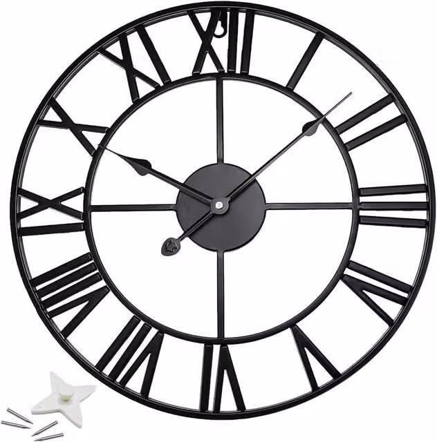 Kelvenix Large Round Roman Analog Metal Garden Wall Clock in Black