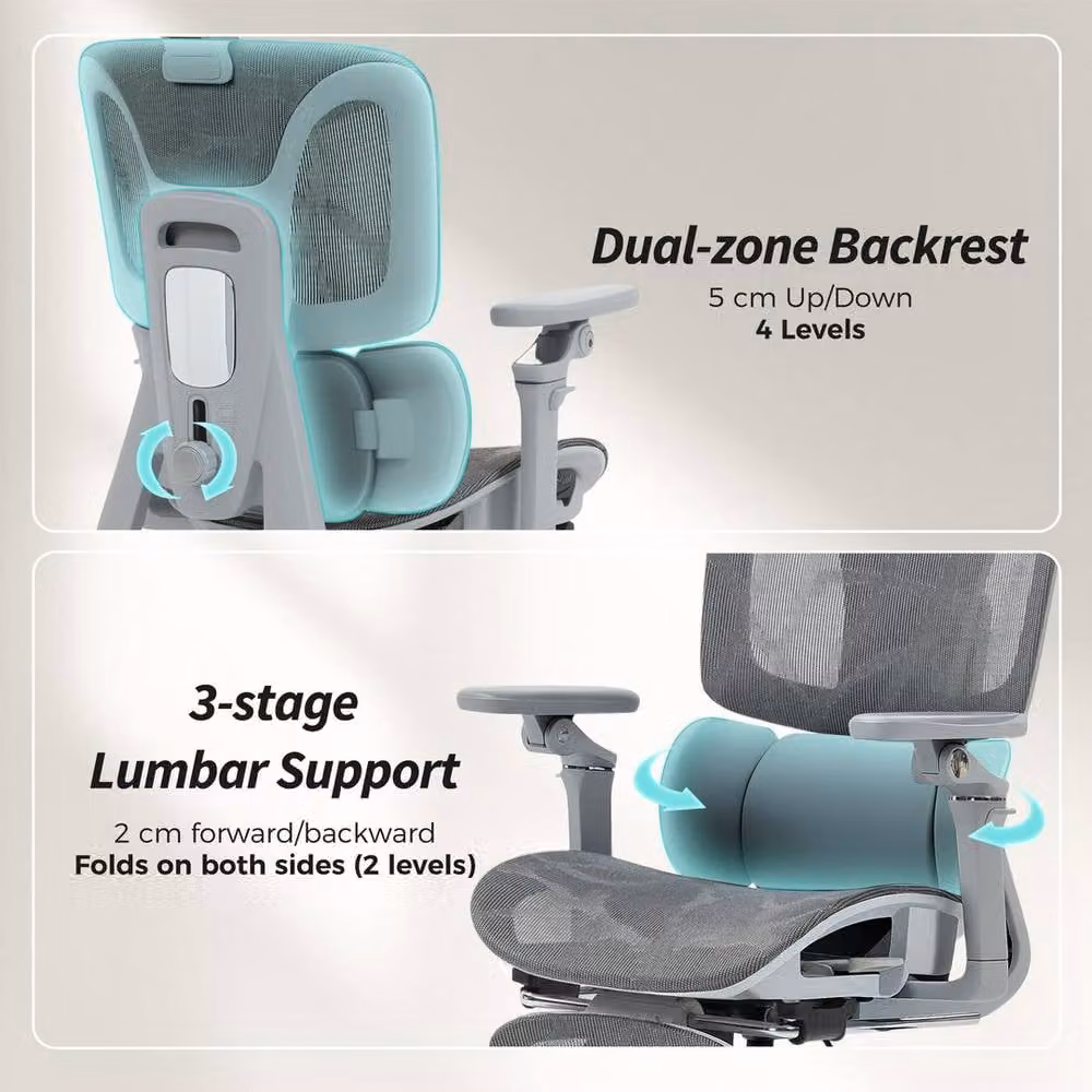 KORVIXA Grey Ergonomic Fabric Office Chair with Headrest and 360 Degree Swivel – 3