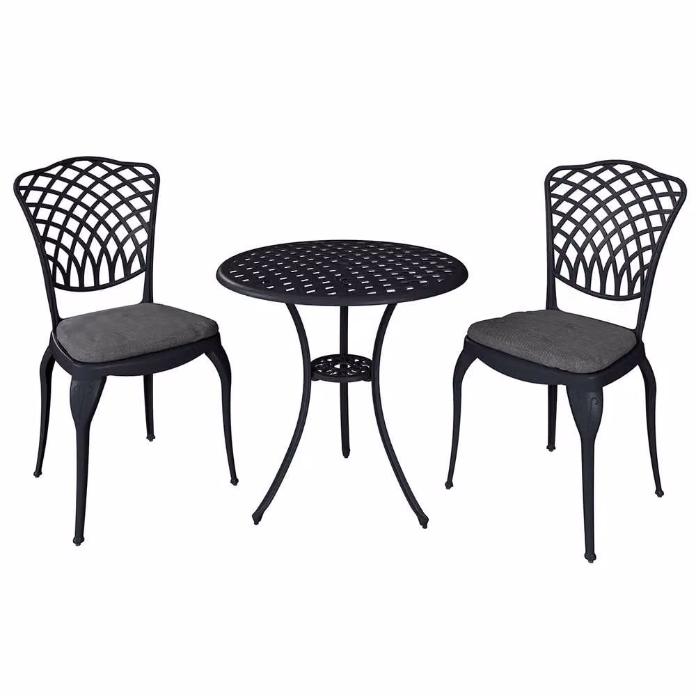 Charles Bentley Cast Aluminium Bistro Set with Round Table and 2 Armchairs, Black with Grey Cushions, W/D/H: 70 x 70 x 68 cm – 2