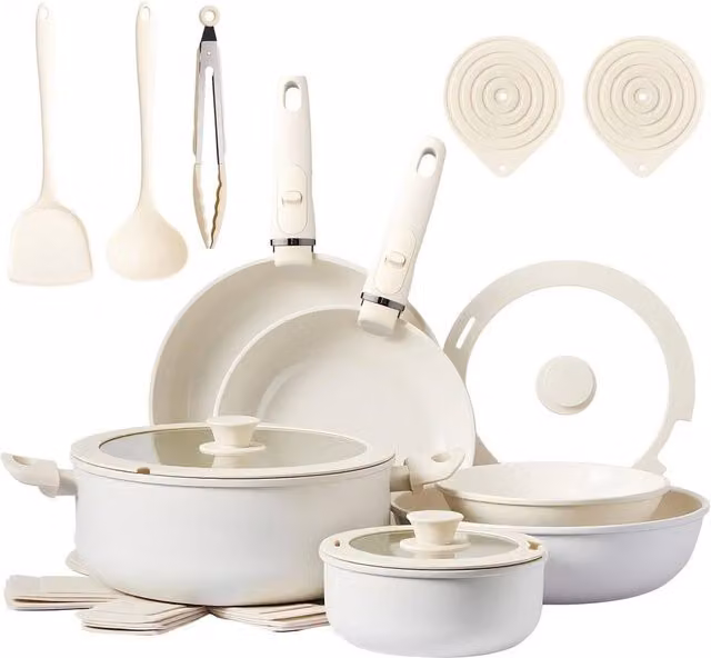 EONLION 22-Piece Nonstick Induction Cookware Set with Lids and Removable Handles in White