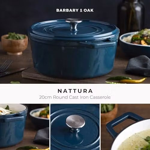 Barbary & Oak Nattura 20cm Round Enamelled Cast Iron Casserole Pot in Agave Teal with 2.2L Capacity – 6