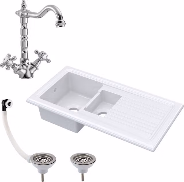 Balterley White Ceramic Fireclay 1.5 Bowl Drop In Sink with Drainer and Tap Waste, Width: 1010 mm