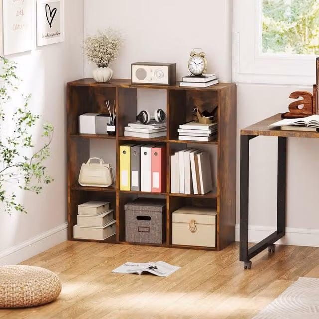 HOMCOM 3-tier Storage Cupboard Bookcase with 9 Cubes in Rustic Brown – 1