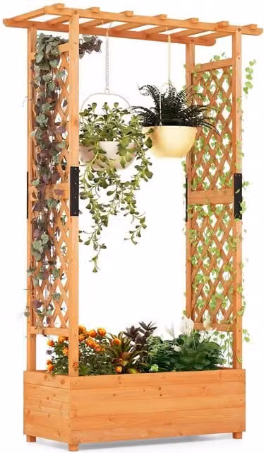 Costway Wooden Raised Garden Bed Freestanding Planter with Trellis and Drainage Hole, Orange, W: 180 cm, D: 110 cm, H: 44 cm – 1
