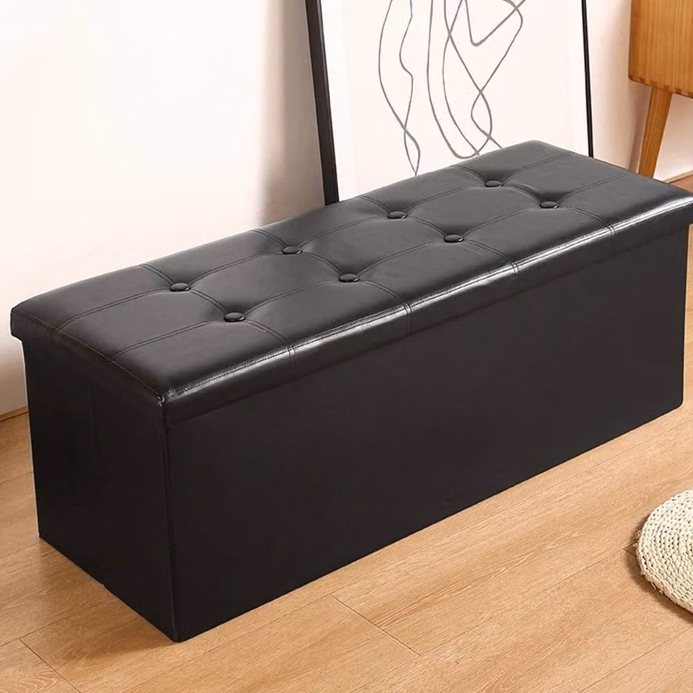 KORVIXA Black Synthetic Leather Ottoman Storage Folding Box Foot Stool, W/D/H: 100 x 100 x 100 cm – 3