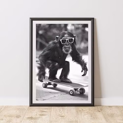 60 SECOND MAKEOVER Monkey Skateboarding Illustration Paper Poster, Multicolour, A4