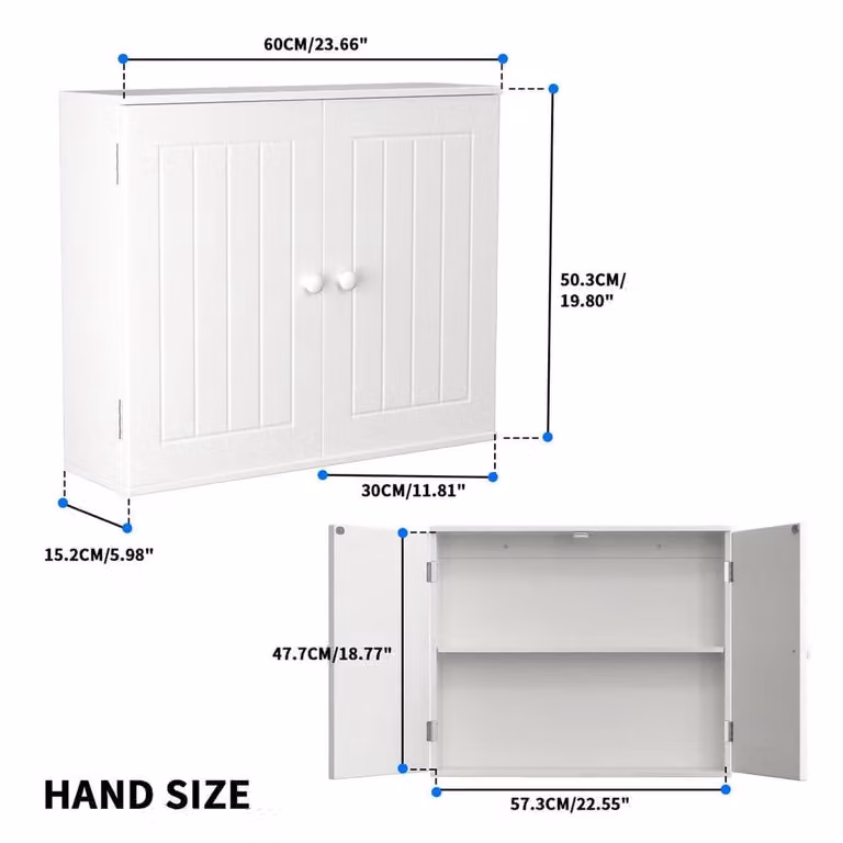 FORGEVIO White Wall Mounted Cupboard with Hinged Doors and Internal Shelves for Kitchen, Bathroom or Living Room