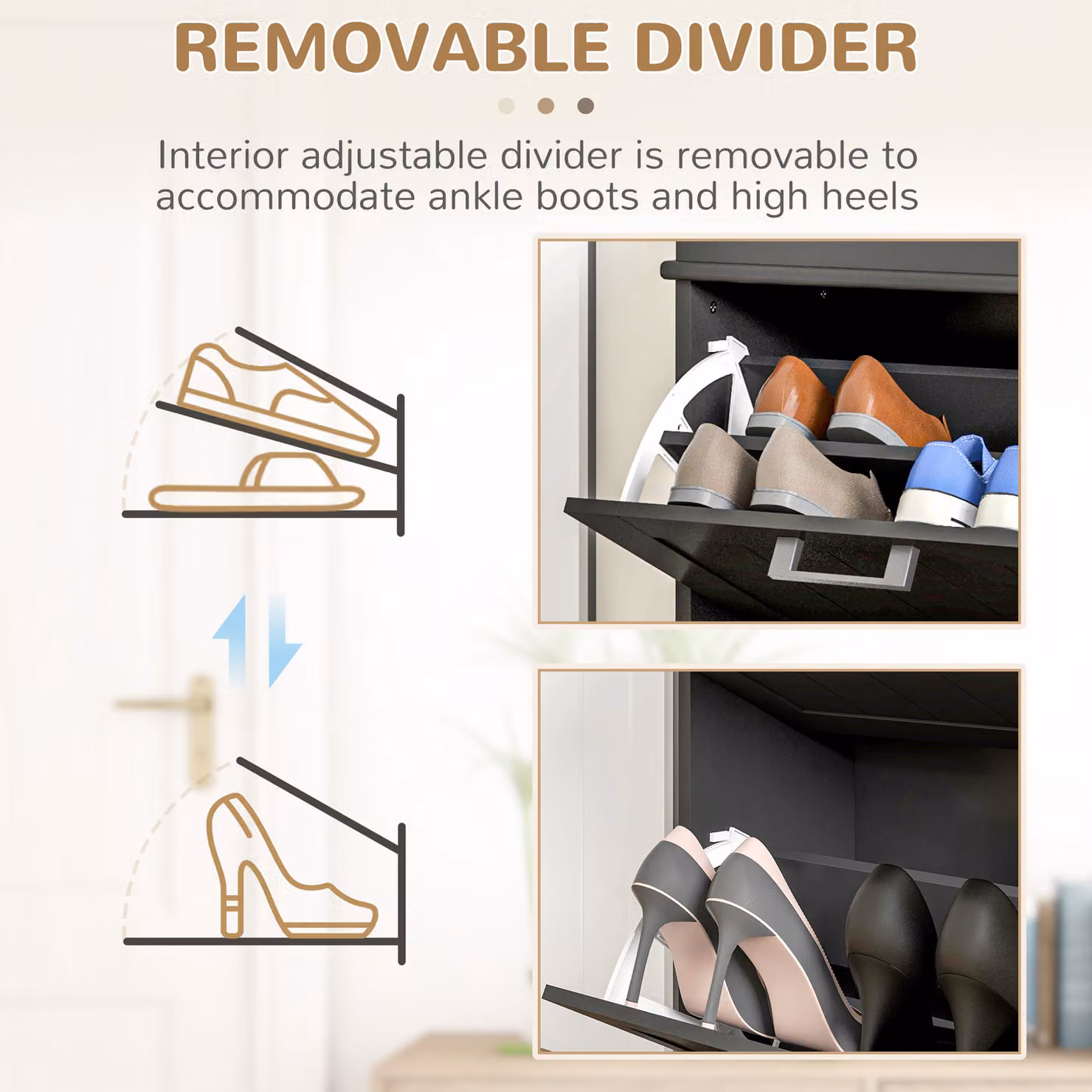 HOMCOM Minimalist Black Two-Drawer Shoe Cabinet with Tilting Compartments for 10 Pairs of Shoes – 6
