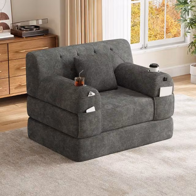 Aosom UK 1-Seater Convertible Chair Bed with High-Density Foam and Metal Frame, Dark Grey, W: 80 cm, D: 107 cm, H: 81 cm