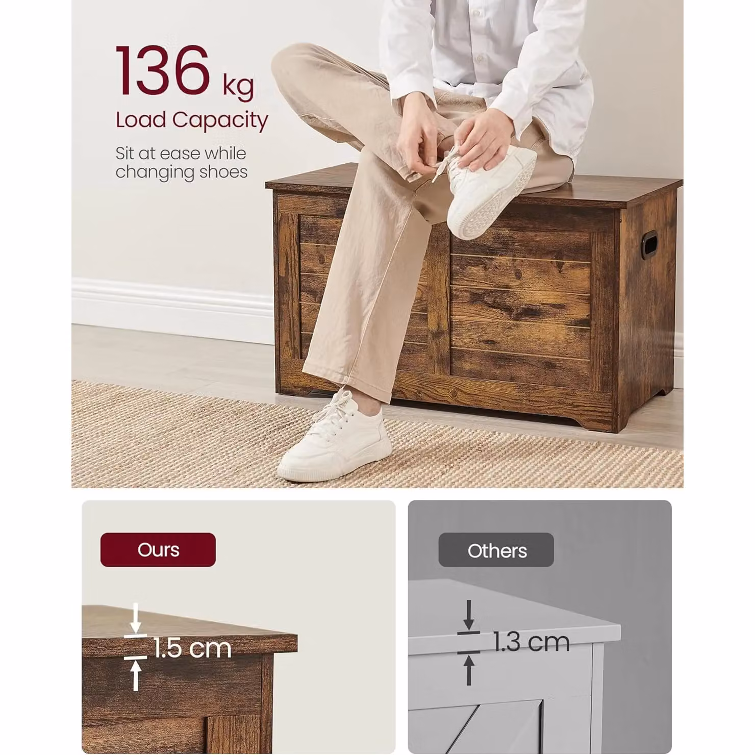 VASAGLE Rustic Brown Storage Chest and Blanket Box Bench with Safety Hinges – 4