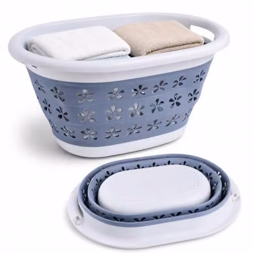 Neel Blue Collapsible Oval Laundry Basket with Handles, 16L, Grey and Blue – 1