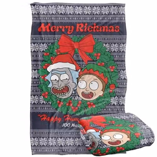 LOGOVISION Rick and Morty Merry Rickmas Ugly Christmas Sweater Super Soft Fleece Throw Blanket, Multicolour, W/D/H: 91 x 147 cm