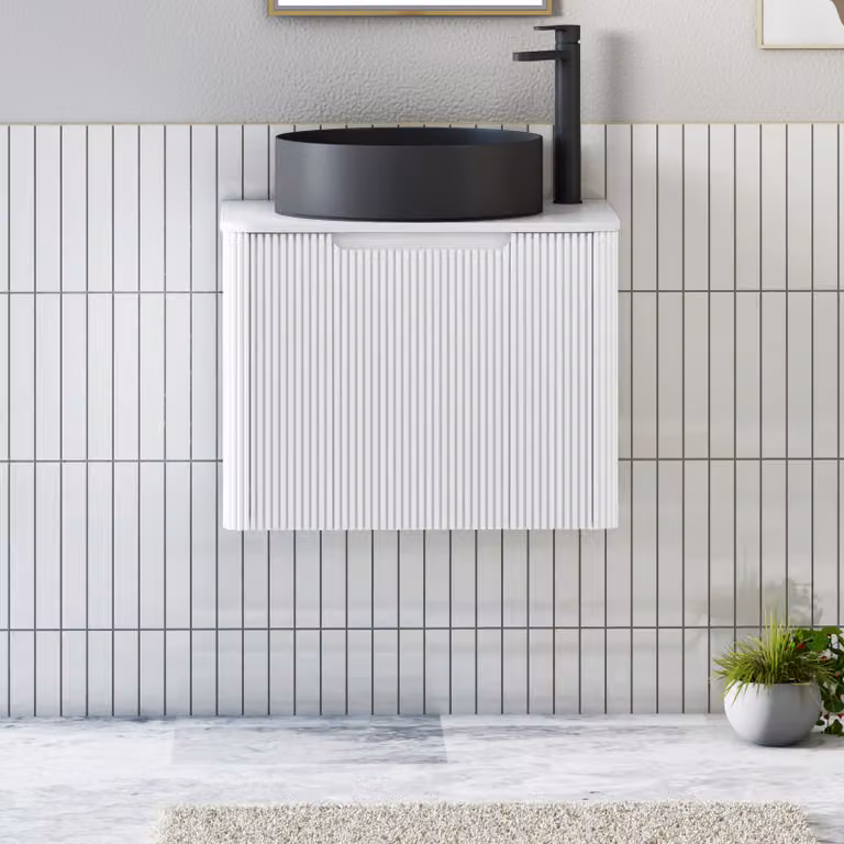 Royal Bathrooms Avenza Wall Hung Vanity Unit in Matt White with 1 Drawer, Plain White Worktop and Art Round Black Basin, Width: 60 cm