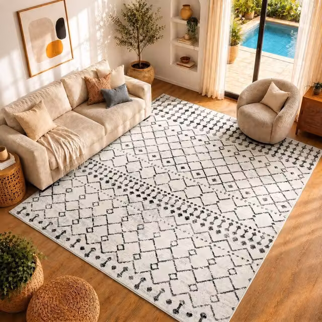 Livabliss Pisa Geometric Machine Woven Rug in Black, White and Grey, W: 200 cm, D: 275 cm