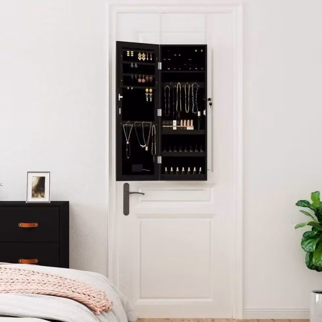 Berkfield Home Mirror Jewellery Cabinet with LED Lights, Wall Mounted, Black, H 90.0 x W 31.5 x D 9.0 cm – 1
