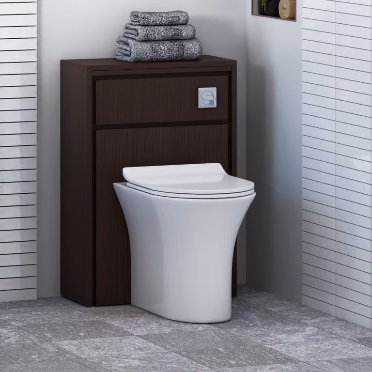 Livora BTW Wall Mounted WC Unit in Walnut Woodgrain with Breeze Rimless Ceramic Toilet Pan, Slim Soft Close Seat and Cistern, White and Brown