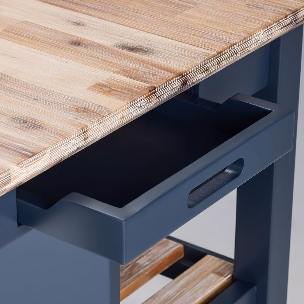 Statement Furniture Florence Breakfast Bar Kitchen Island with Acacia Wood Top and Slatted Shelves in Navy Blue, W: 126 cm, D: 78 cm, H: 91 cm – 5