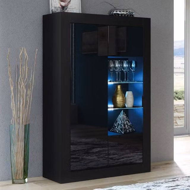 Mex Furniture LTD Arcadia Display Cabinet in Black with Glossy Glass Doors and LED Lighting, W/D/H: 140 x 35 x 93 cm