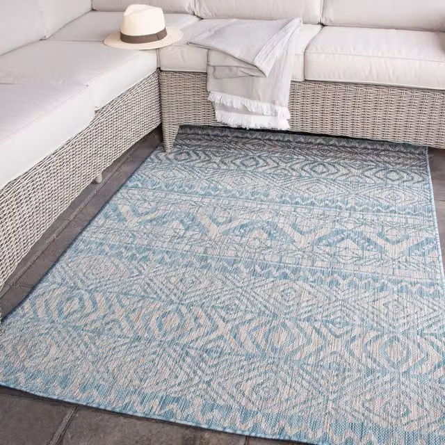 The Rug House Aztec Tribal Flatweave Rug in Turquoise and Blue, W: 230 cm, D: 160 cm