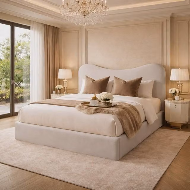 Desire Deco Plush Velvet Chelsea Upholstered Bed Frame in Light Beige, W: 140 cm, D: 200 cm