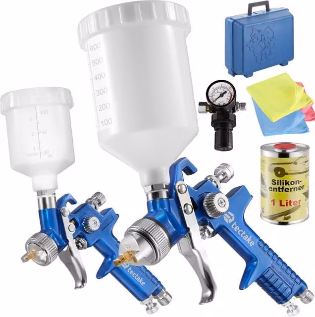 TECTAKE HVLP Paint Spray Gun Set of 2 with 0.8 mm and 1.3 mm Nozzles, Cloths and Case, Blue