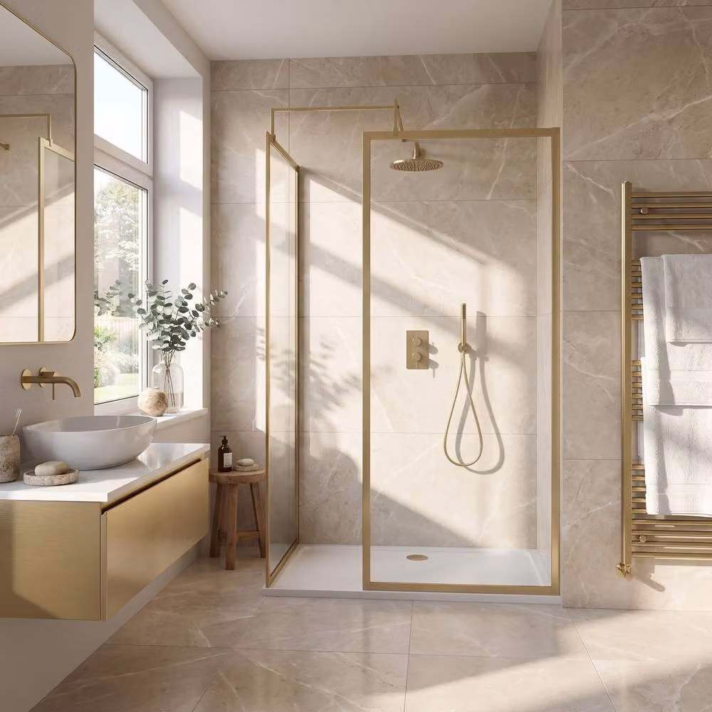 Balterley Framed Walk-In Wetroom Bundle in Brushed Brass with Rectangular Glass Tray, W: 1400 mm, D: 800 mm – 2