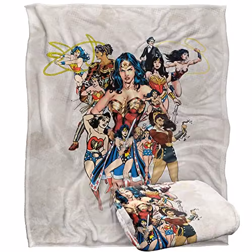 LOGOVISION Wonder Woman 75th Collage Silky Touch Super Soft Fleece Throw Blanket, Multicolour and White, W/D/H: 152 x 127 cm