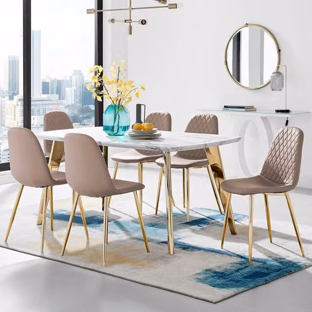 FurnitureboxUK Andria Marble Effect Rectangular Dining Table and 6 Corona Gold Leg Chairs in Cappuccino
