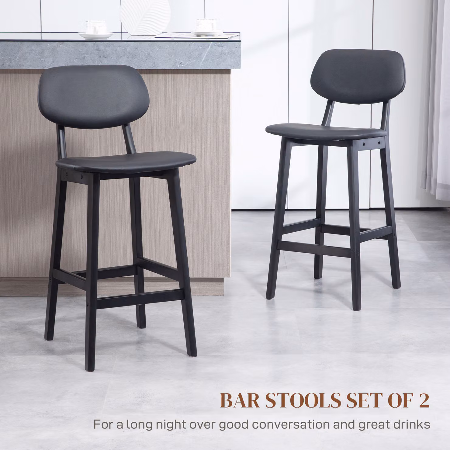 HOMCOM Set of 2 Modern Faux Leather Upholstered Bar Stools with Backs and Wood Legs, Black – 4