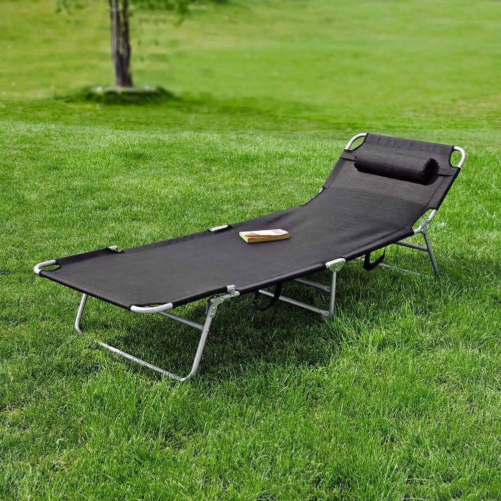 SoBuy Foldable Outdoor Lounge Chair in Black with Textilene Fabric and Powder Coated Steel Frame – 2