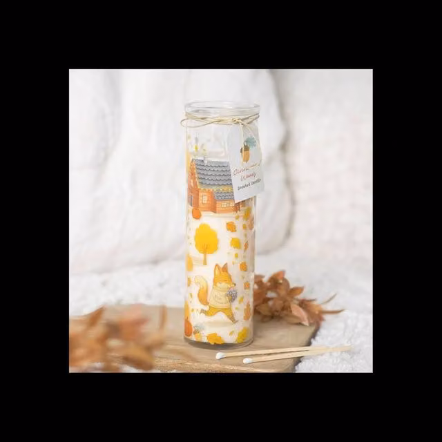 KDMD Cinnamon Woods Scented Glass Tube Candle with Fall Print in Yellow, 55 Hour Burn Time
