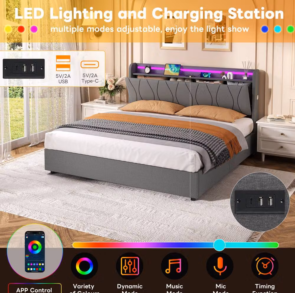STILVORA King Upholstered Bed Frame in Grey with Hydraulic Storage, LED Lighting and USB Charging Ports, W/D/H: 180 x 200 cm – 6
