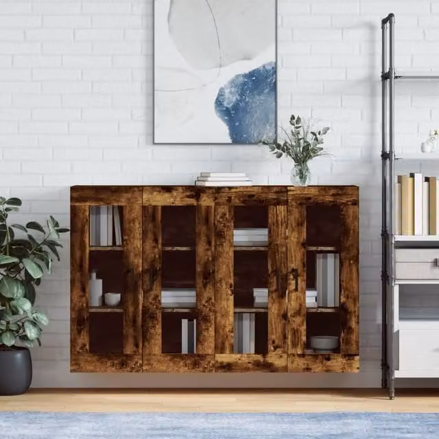 Berkfield Home Set of 2 Wall Mounted Cabinets in Smoked Oak Brown with Glass Doors and Internal Shelves – 1