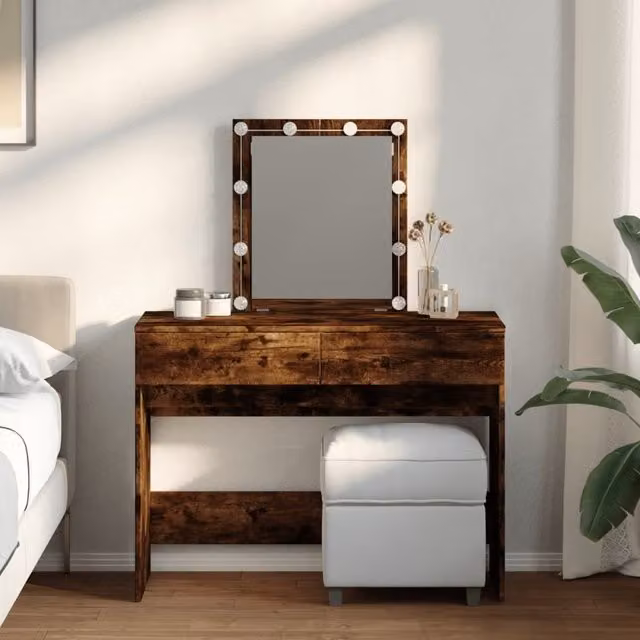 Berkfield Home Modern Smoked Oak Dressing Table with Hollywood LED, Brown, W: 100 cm, D: 40 cm, H: 130 cm