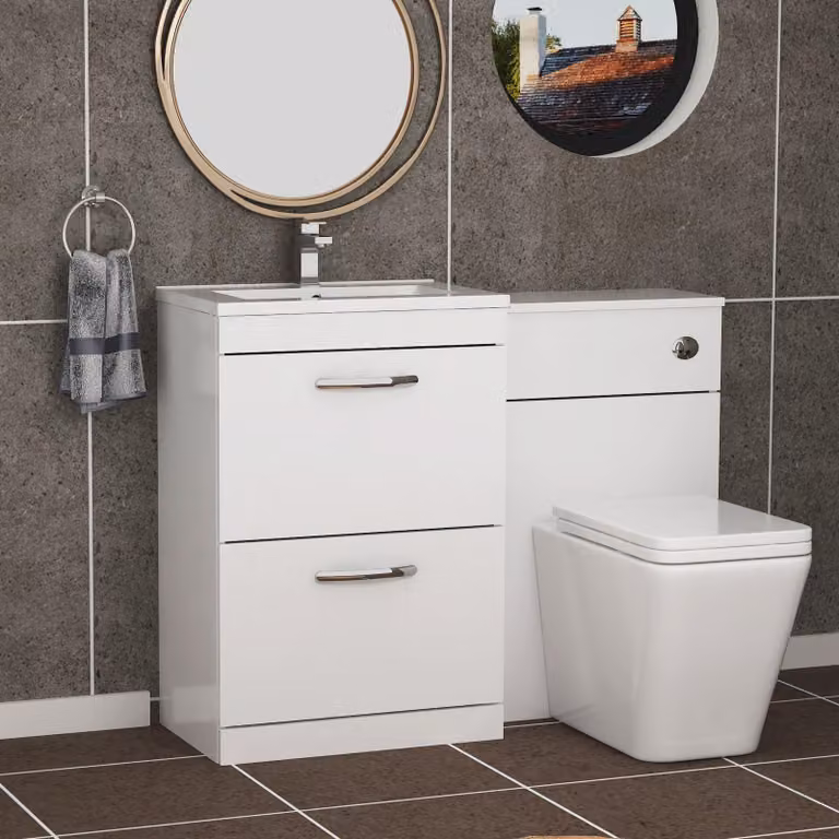 Royal Bathrooms Gloss White 2 Drawer Furniture Pack with Minimalist Basin and Slim Elena Back to Wall Toilet, Width: 110 cm