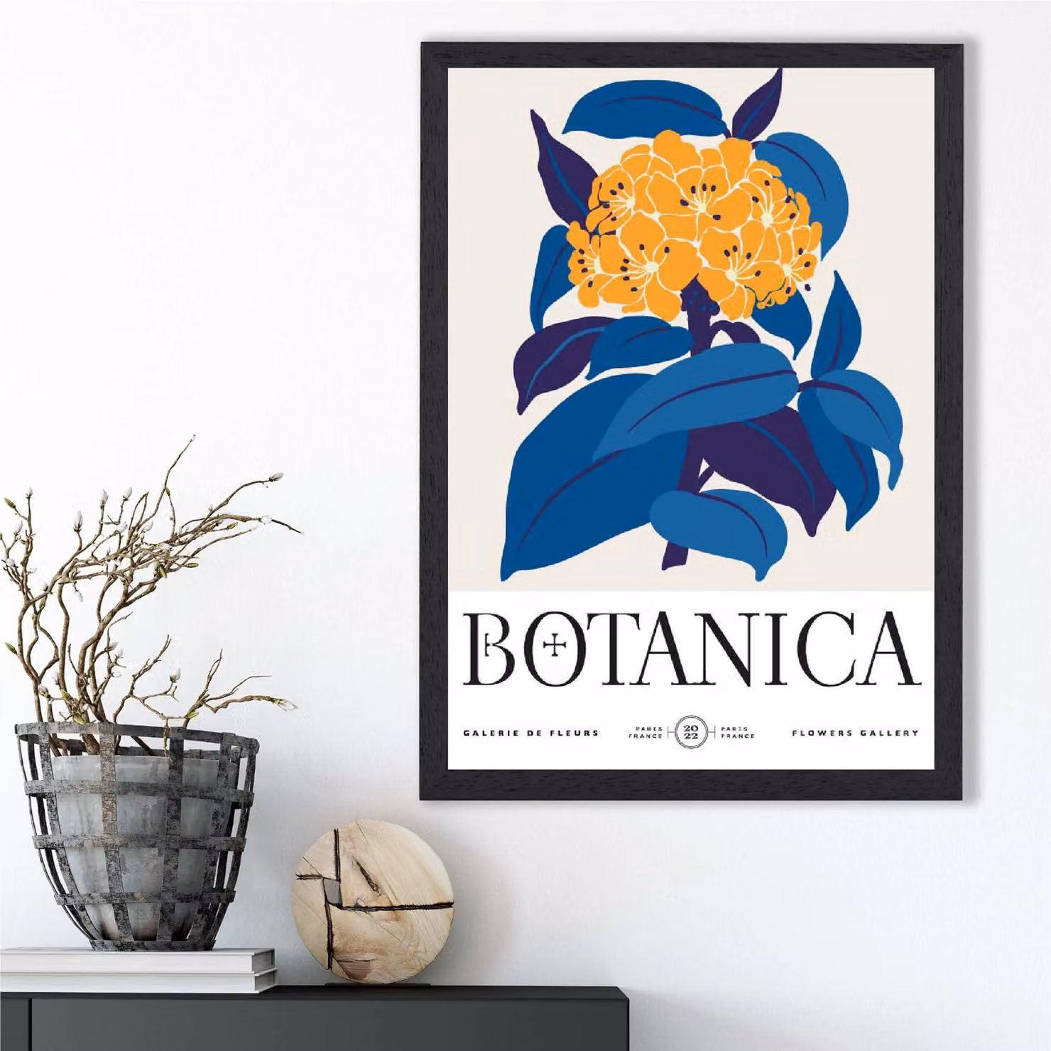 ARTZE Yellow and Blue Hydrangea Flower Market Exhibition Framed Print, Black Frame, W: 21.0 cm, H: 29.7 cm – 2