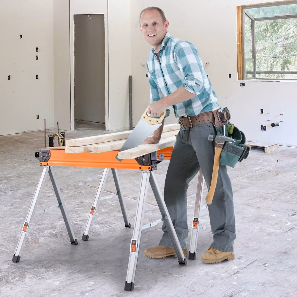 Gymax Set of 2 Portable Folding Sawhorses with Flip-down Pegs in Orange – 2