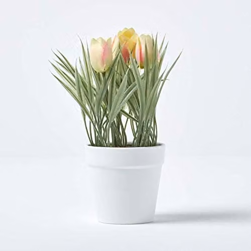 Homescapes Pink, White and Green Artificial Tulip Potted Plant in a Round Plastic Pot, Height: 22 cm