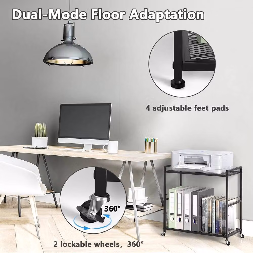 FORGEVIO 2-Tier Black Printer Stand and Computer Tower Trolley on Wheels – 3