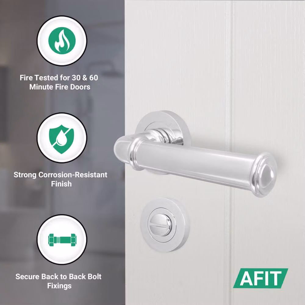 AFIT Polished Chrome Fire Door Handle and Lock Set with Hinges in Silver, 150 x 150 mm – 2