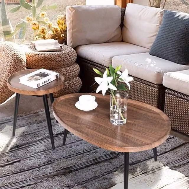 KORVIXA Nest of 2 Triangle Solid Wood Coffee Table Set in Brown