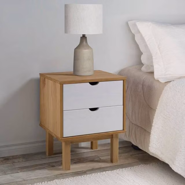 Berkfield Home OTTA Bedside Cabinet in Brown and White, Solid Pine Wood, W: 46 cm, D: 39.5 cm, H: 57 cm