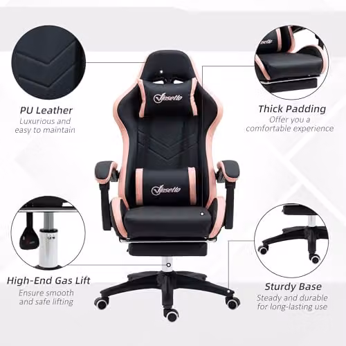 Vinsetto Racing Style Gaming Chair with Reclining Function, Headrest and Footrest in Black and White Synthetic Leather – 6