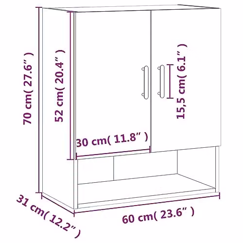 vidaXL Modern Wall Cabinet in Brown MDF with Hinged Doors and Open Shelf, W: 60 cm, D: 31 cm, H: 70 cm – 3
