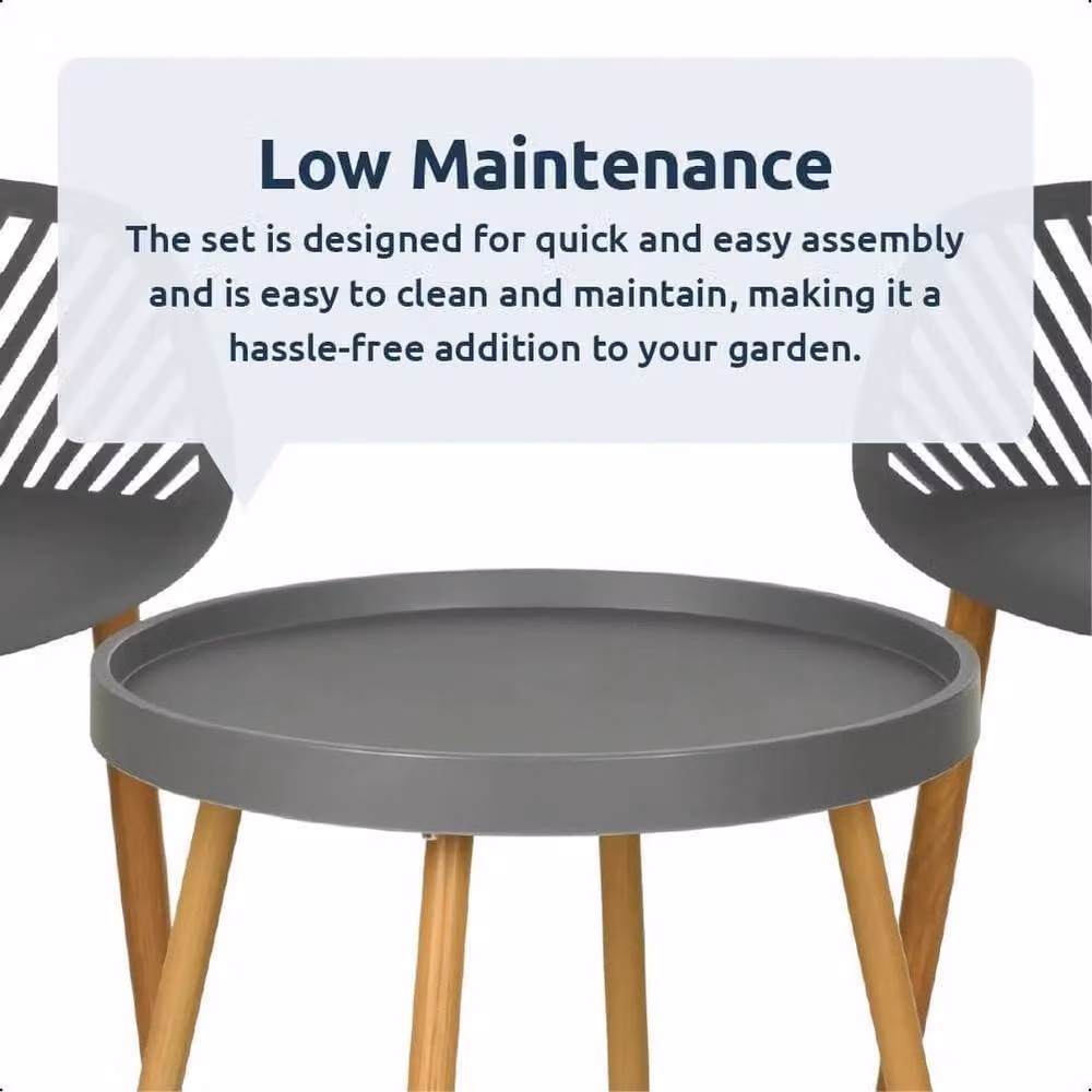 KORVIXA 3-Piece Grey Garden Bistro Set with Steel and Wood-Effect Legs – 3